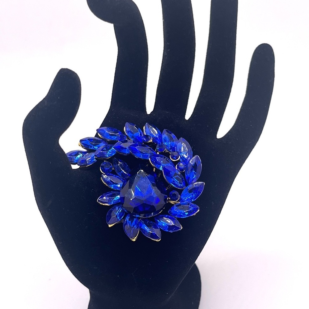 vintage cobalt blue rhinestone brooch, statement crystal floral pin